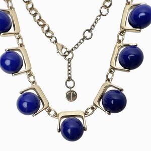 Talbots Beaded Necklace Vintage Navy Blue Spinning Glossy Gold Tone Unique Chic
